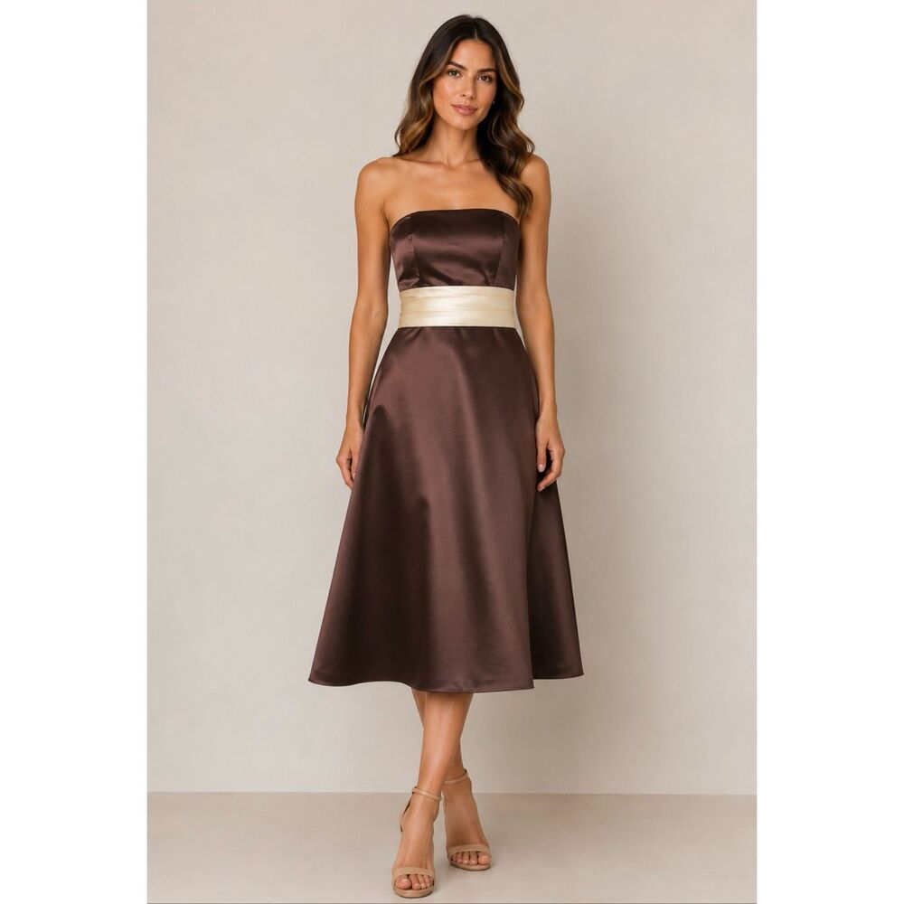 Bill Levkoff Brown Satin Strapless Cocktail Dress w Ivory Sash Sz 6